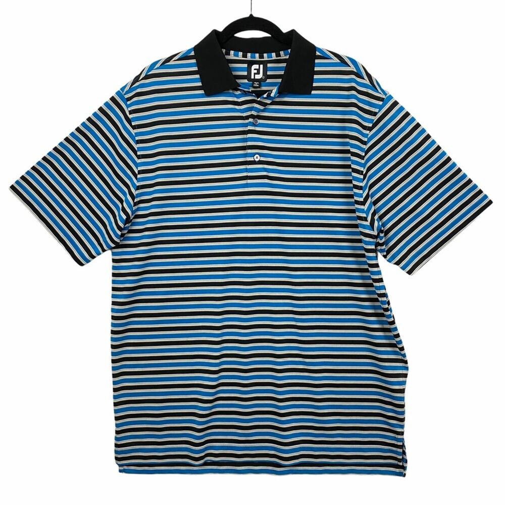 Footjoy Men’s Blue Black Striped Active Golf Polo Shirt Size Large